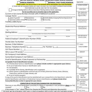 Form HSMV 86720. Renewal Application Motor Vehicle, Mobile Home, or Recreational Vehicle Dealers - Florida