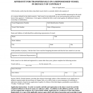 Form HSMV 87008. Affidavit for Transfer/Sale on a Repossessed Vessel in Default of Contract - Florida