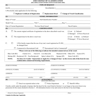 Form HSMV 87015. Application for Vessel Duplicate Registration, Replacement Decal and Change of Classification - Florida