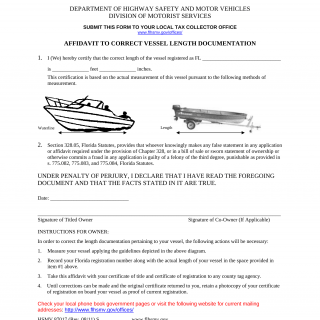 Form HSMV 87017. Affidavit to Correct Vessel Length Documentation - Florida