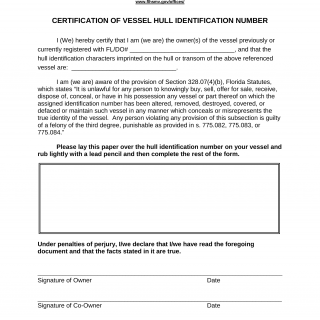 Form HSMV 87183. Certification of Vessel Hull Identification Number - Florida