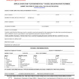 Form HSMV 87231. Application for GOVERNMENTAL Vessel Registration Number - Florida