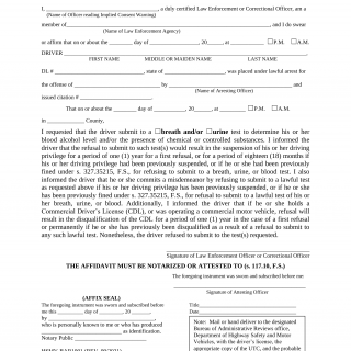 Form HSMV BAR1001. Affidavit Of Refusal To Submit To Breath And/Or Urine Test - Florida