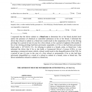 Form HSMV BAR1002. Affidavit Of Refusal To Submit To Blood Test - Florida