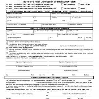 Form HSMV 82139. Application for Notice of Lien / Reassignment of Lien or Notice to First Lienholder of Subsequent Lien