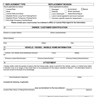 Form HSMV 83146. Application for Replacement license plate, validation decal or parking permit