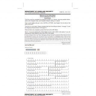 CBP Form I-94.  Arrival/Departure Record, for documenting foreign visitors' arrivals and departures from the United States