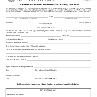 Form DSD A 308. Certificate of Residence for Persons Displaced by a Disaster - Illinois