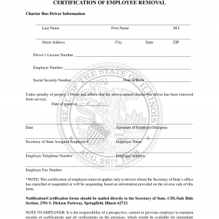 Form DSD CB 2. Charter Bus Certification of Employee Removal/Employment Notification Report - Illinois