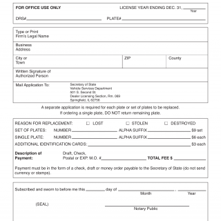 Form RT DS 36. Application for Replacement of Dealer, Manufacturer, In-Transit or Repossessor License Plates - Illinois
