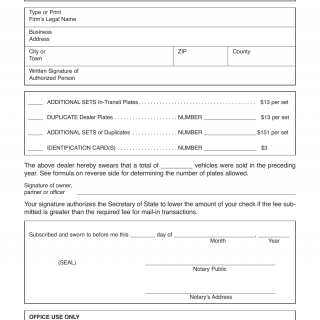 Form RT DS 43. Application for Additional Sets of Dealer Plates, In-Transit Plates, Identification Card(s) - Illinois