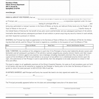 Form RT OPR 23. Security Bond for Registration Without Certificate of Title - Illinois