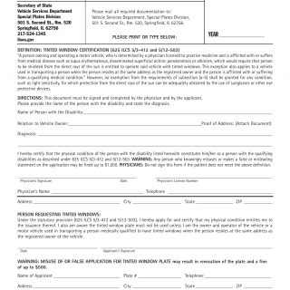 Form VSD 704. Tinted Window Certification - Illinois