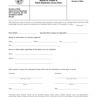 Form VSD 707. Request for Transfer of Vehicle Registration License Plates - Illinois