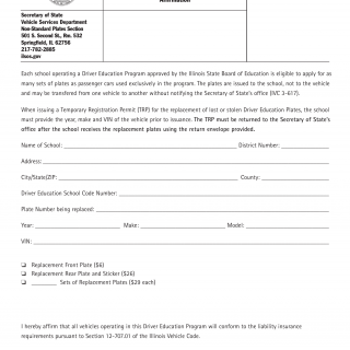 Form VSD 795. Driver Education Replacement Affirmation - Illinois