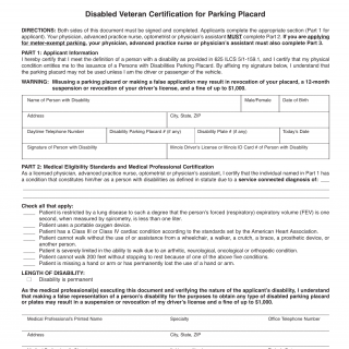 Form VSD 800. Disabled Veteran Certification for VA Plates - Illinois