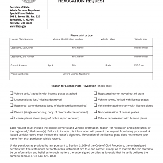 Form VSD 851. Vehicle License Plates Revocation Request - Illinois