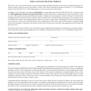 Form VSD 929. Affidavit In Lieu of Certificate of Title For A Salvage or Junk Vehicle - Illinois