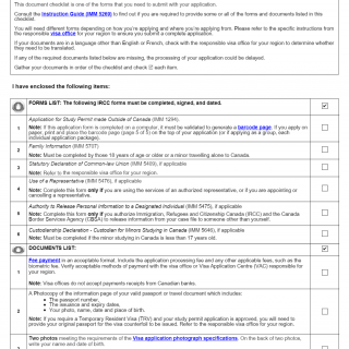 Form IMM 5483. Document Checklist for a Study Permit