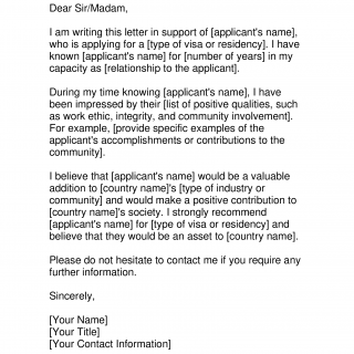 Immigration Letter of Support sample