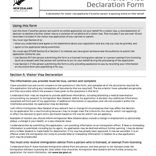 INZ 1224. Visitor Visa Declaration Form