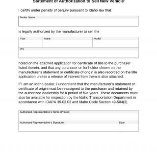 Form ITD 0501. Statement of Authorization to Sell New Vehicle 