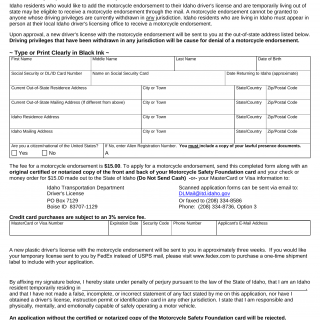 Form ITD 3063. Internet Application For An Idaho Motorcycle Endorsement
