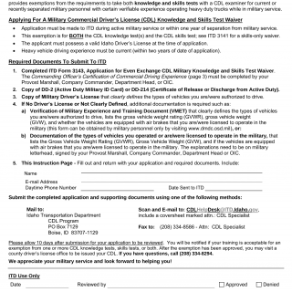 Form ITD 3143. Even Exchange CDL Military Knowledge & Skills Test Waiver Application