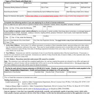 Form ITD 3153. Idaho Driver's License Extension application