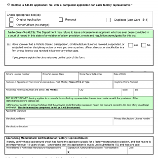 Form ITD 3181. Personal History and Application for Idaho Factory Representative