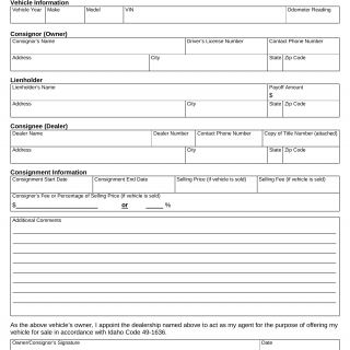 Form ITD 3415. Vehicle Consignment With a Licensed Idaho Dealer