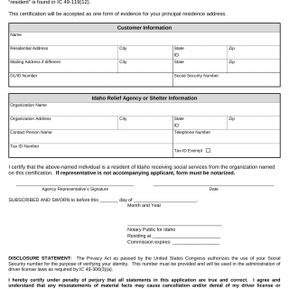 Form ITD 3530. Relief Agency or Shelter Certification