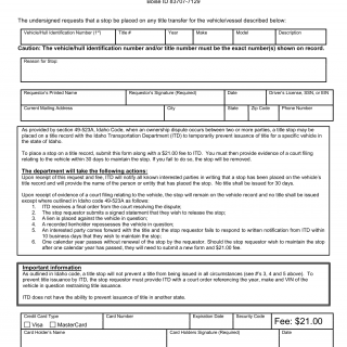 Form ITD 3702. Title Stop Request