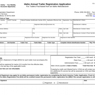 Form ITD 3842. Idaho Trailer Manufacturer Application