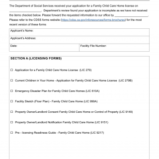 Form LIC 184B. Notification Of Incomplete Application - Family Child Care Home - California