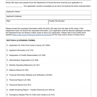 Form LIC 184D. Notification Of Incomplete Application (NOIA) Child Care Centers - 30-Day NOIA - California