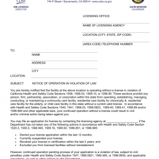 Form LIC 195. Notice Of Operation In Violation Of Law - California