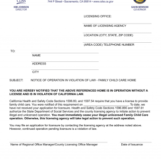 Form LIC 195A. Notice Of Operation In Violation Of Law - Family Child Care Home - California