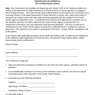 Form LIC 229. Certificate Of Approval (For Certified Family Homes) - California