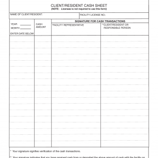 Form LIC 406. Client/Resident Cash Sheet - California