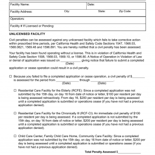 Form LIC 421A. Civil Penalty Assessment (Unlicensed Facility) - California