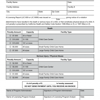 Form LIC 421D (CC). Civil Penalty Assessment - Death/Serious Injury/Physical Abuse (Child Care) - California