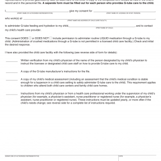 Form LIC 701B. Gastrostomy - Tube Care Consent/Verification (Child Care Facilities) - California