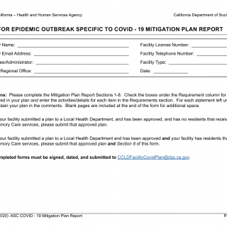 Form LIC 808. Plan For Epidemic Outbreak Specific to COVID - 19 Mitigation Plan Report - California