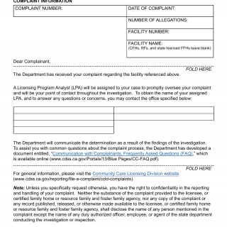 Form LIC 856A. Complaint Intake Notification - California