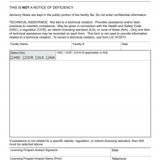 Form LIC 9102TA. Advisory Notes - Technical Assistance - California