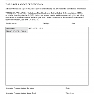 Form LIC 9102TV. Advisory Notes - Technical Violation - California