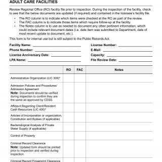 Form LIC 9120A. Licensed Facility Inspection Checklist Adult Care Facilities - California