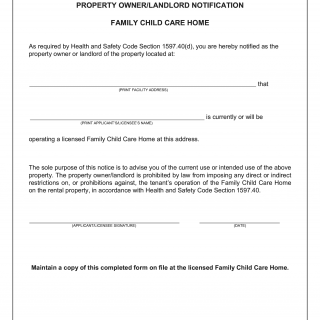 Form LIC 9151. Property Owner/Landlord Notification Family Child Care Home