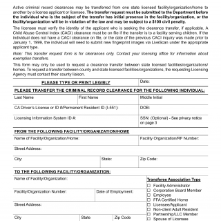 Form LIC 9182. Criminal Background Clearance Transfer Request - California